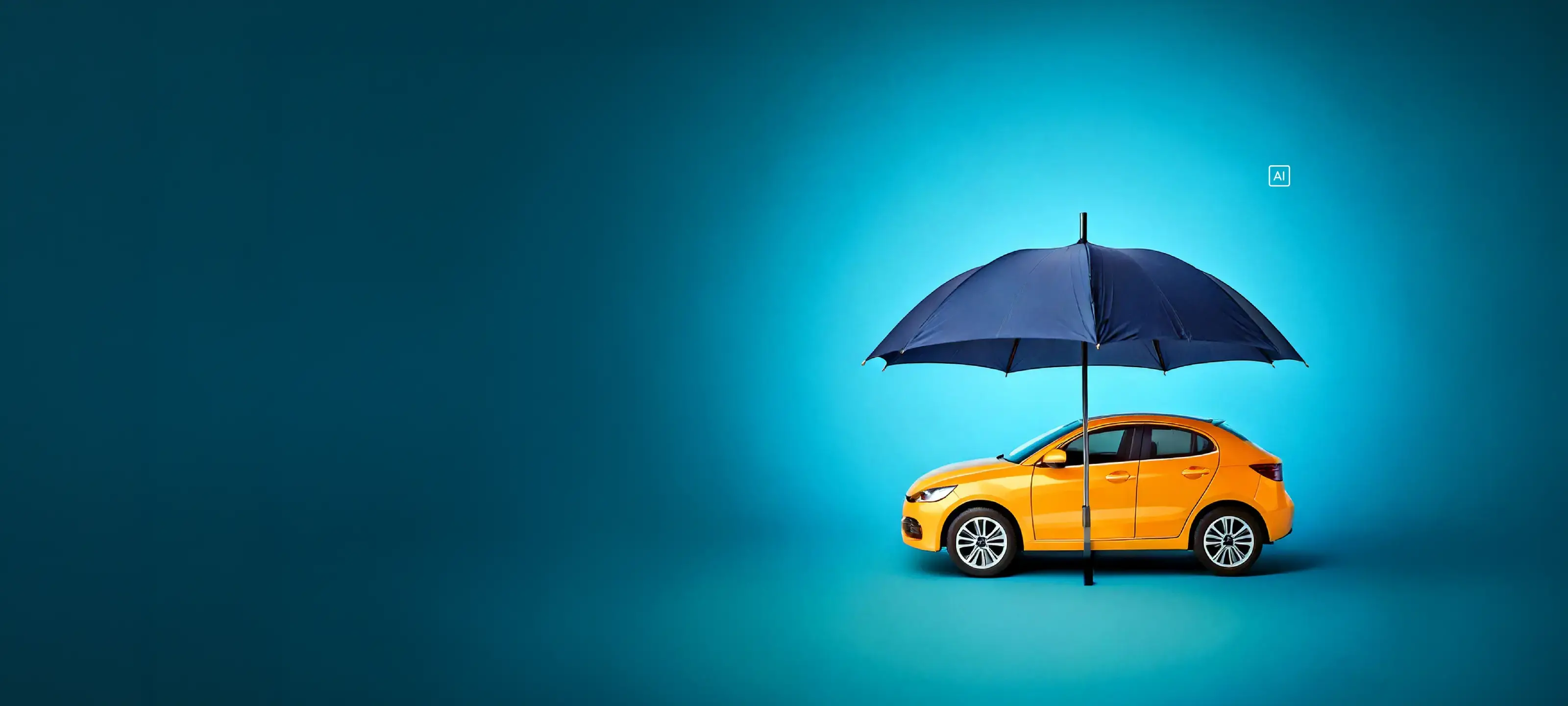 Yellow car parked under a large blue umbrella against a solid turquoise background.