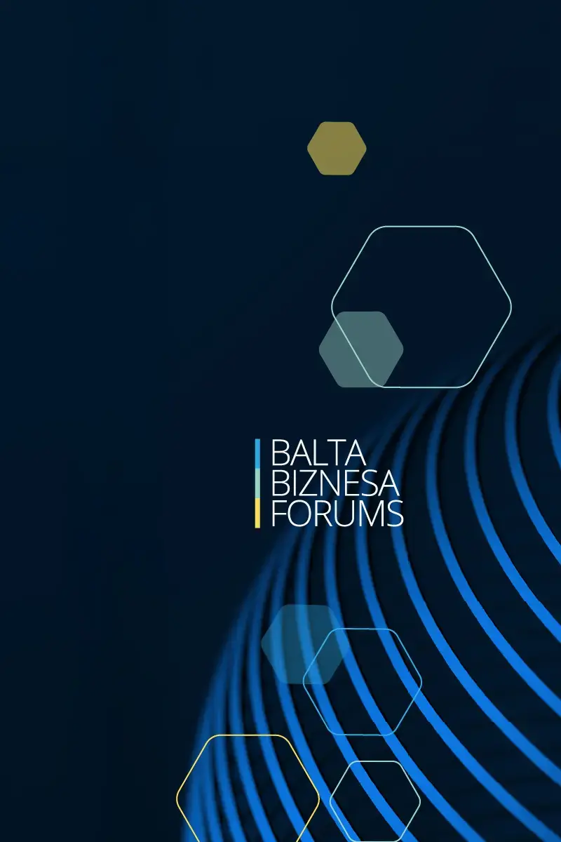 "Balta Biznesa Forums" logotips uz tumši zila fona ar abstraktiem viļņu līniju un sešstūru rakstiem.