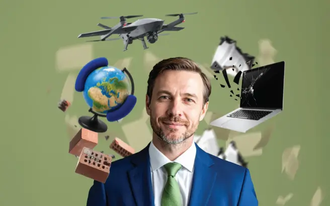A man in a suit with various objects revolving around him, including a computer, a drone, a globe, and bricks.
