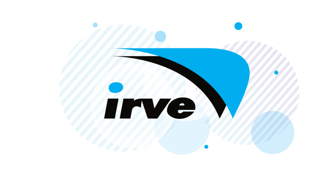 Логотип компании Irve на фоне цветных кружков и линейных узоров.