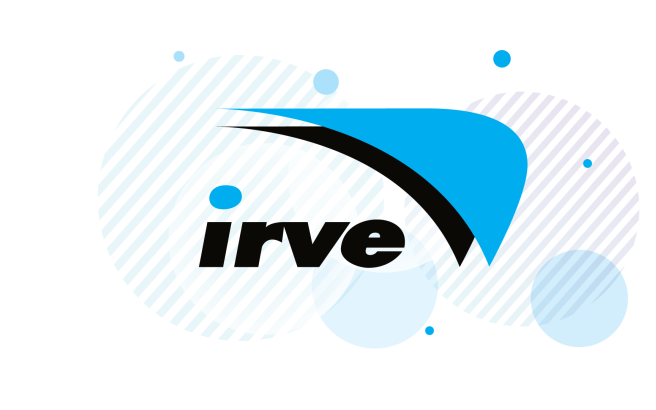 Mūsdienīgs logos ar tekstu "irve" un kolorītu fona dizainu, kas ietver dažādas formas un krāsas.